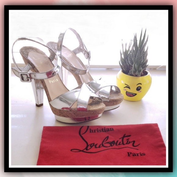 LOUBOUTIN Strappy Silver Cork Heels - Picture 8 of 9